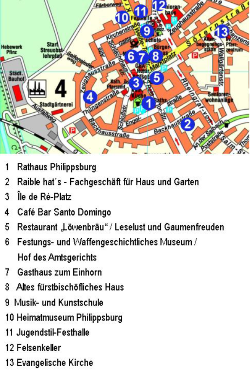 Auschnitt eines Stadtplans von Philippsburg mit den Standorten der KuMuNa