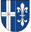 Stadtwappen, „In durch silbernen Faden gespaltenem blauen Schild vorne ein durchgehendes geschliffenes silbernes Kreuz, hinten eine silberne Lilie.“