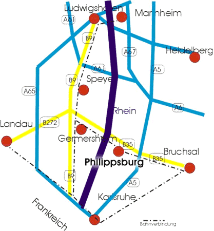 Karte mit der Lage von Philippsburg Rhein und an der B35 nördlich von Karlsruhe